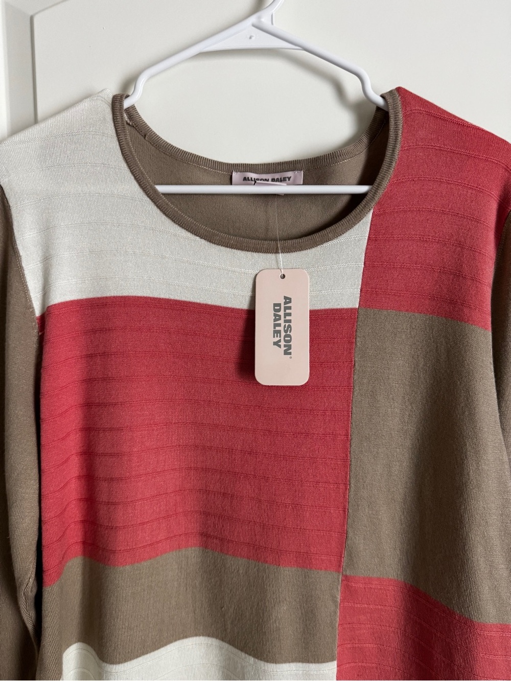 Allison Daley NWT Colorblock Knit Sweater Top Coral Pink Taupe Ivory Large - Picture 6 of 11